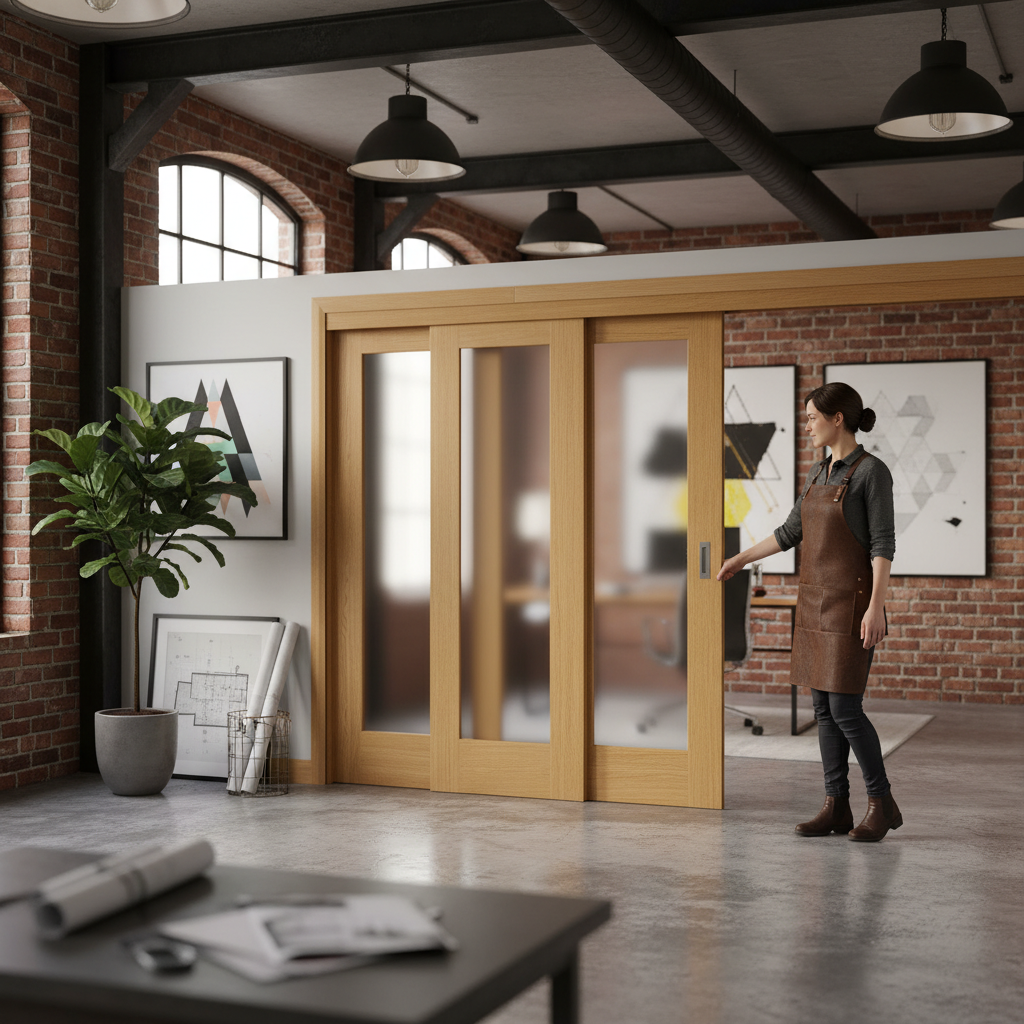 Premium Oak Pattern Sliding Door System with Fixed Panels for Space-Saving Room Dividing