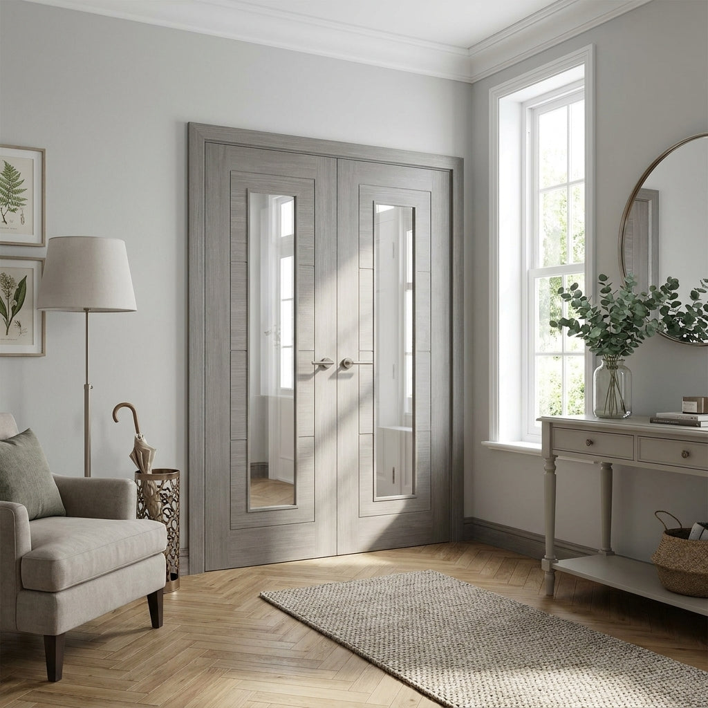 Light Grey Fully Finished Internal Double Door with Clear Glass