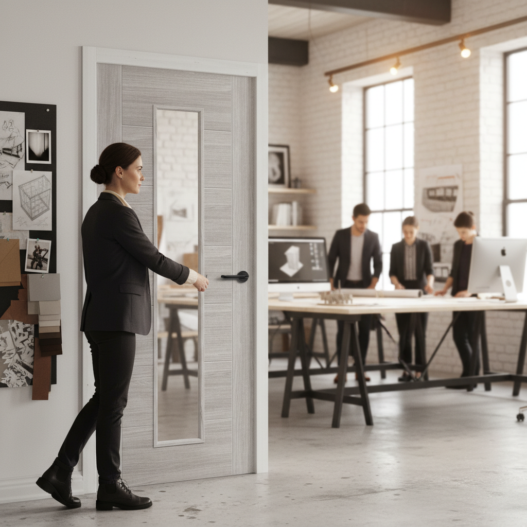 Premium White Grey Laminate Interior Door with Clear Glass Pane, Textured Finish and Semi-Solid Construction