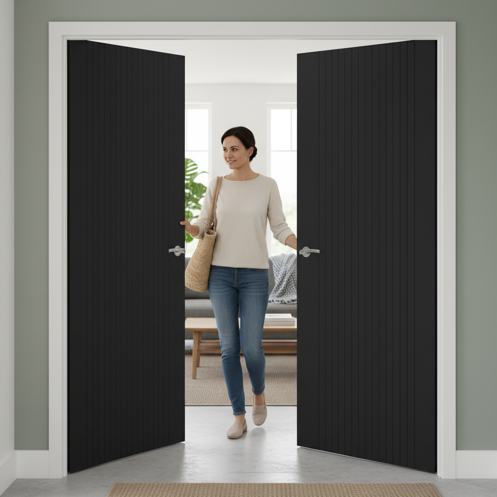 Premium Black Slatted Internal Door Pair - Chic Design with High-Density Core and 10-Year Guarantee