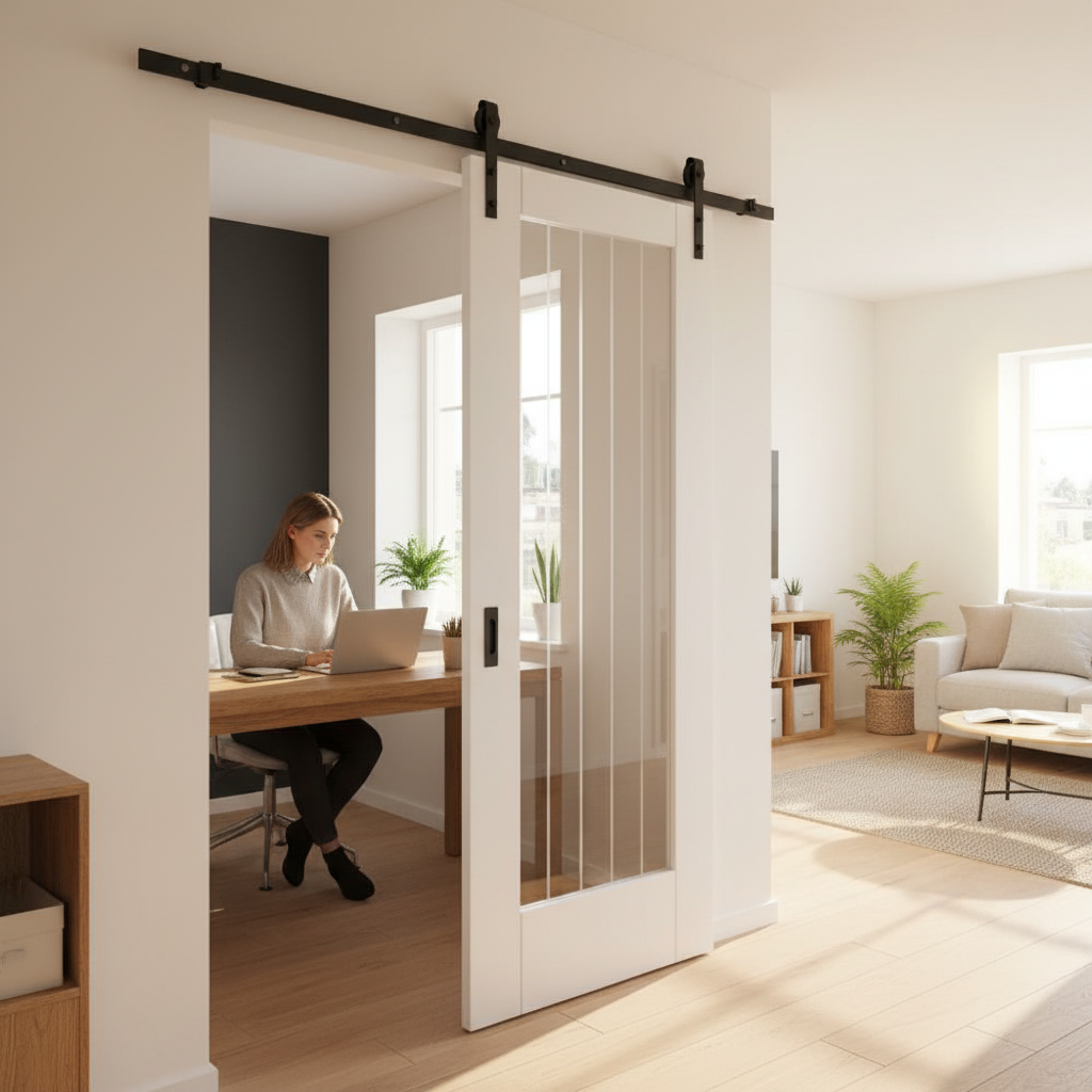 White Primed Internal Sliding Door with Clear Glass and Obscure Lines - Space-Saving Black Steel Track - Image 2