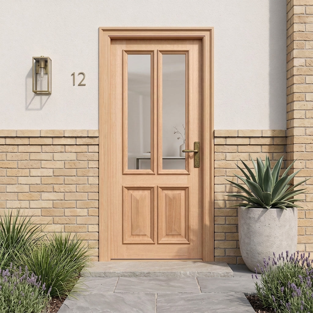 External Hardwood Door Unfinished with Raised Mouldings and Clear Glass