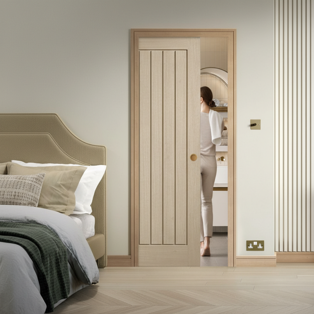 Premium Blonde Oak Pocket Door System with Galvanised Steel Frame for Space-Saving Design and Easy Installation
