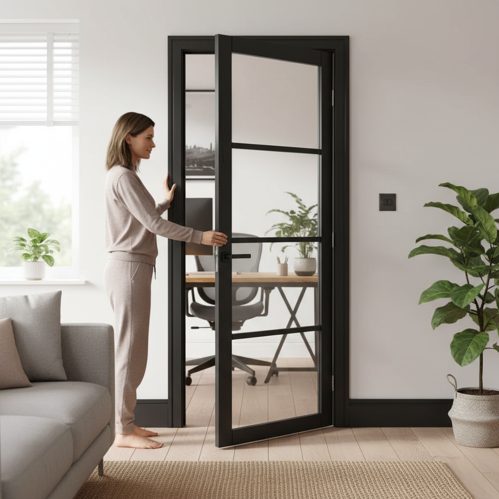 Premium 4L Glazed Internal Door - Dark Charcoal Finish, Clear Glass Panels, Solid Engineered Core for Durability