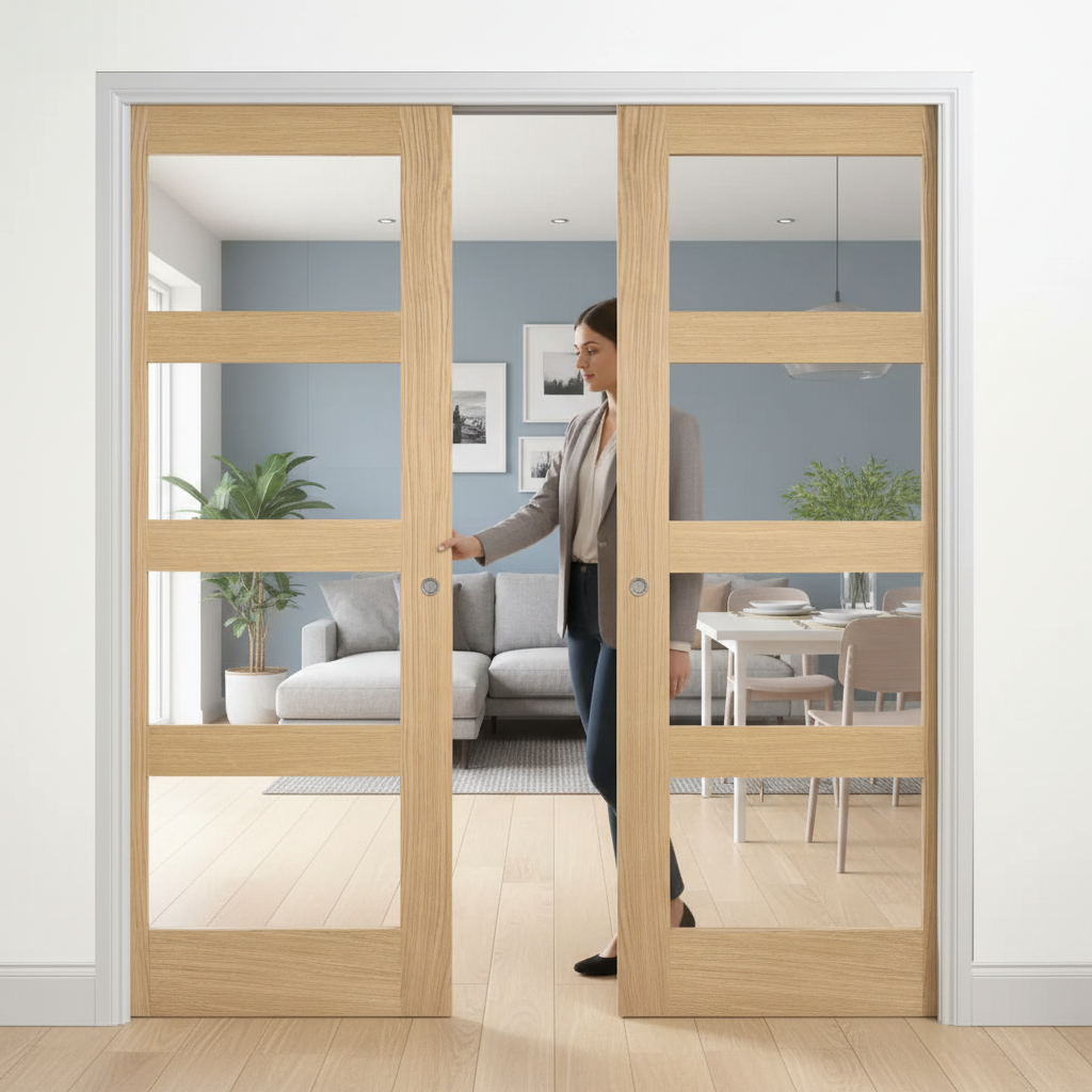 Premium Contemporary 4L Clear Glazed Telescopic Pocket Door System with Wooden Jamb Kit for Modern Interiors