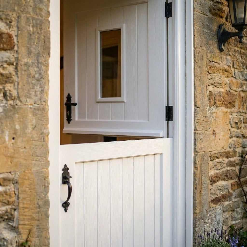 External Pine Stable Door, White Painted, 2 Panel, 1 Light Clear Glass - detail view