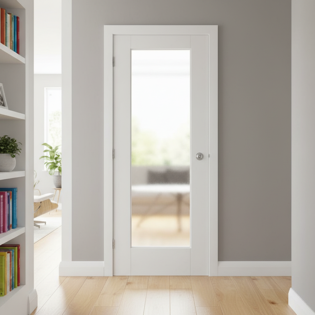 Premium Internal White Primed Door with One Panel Design and Obscure Tempered Glass