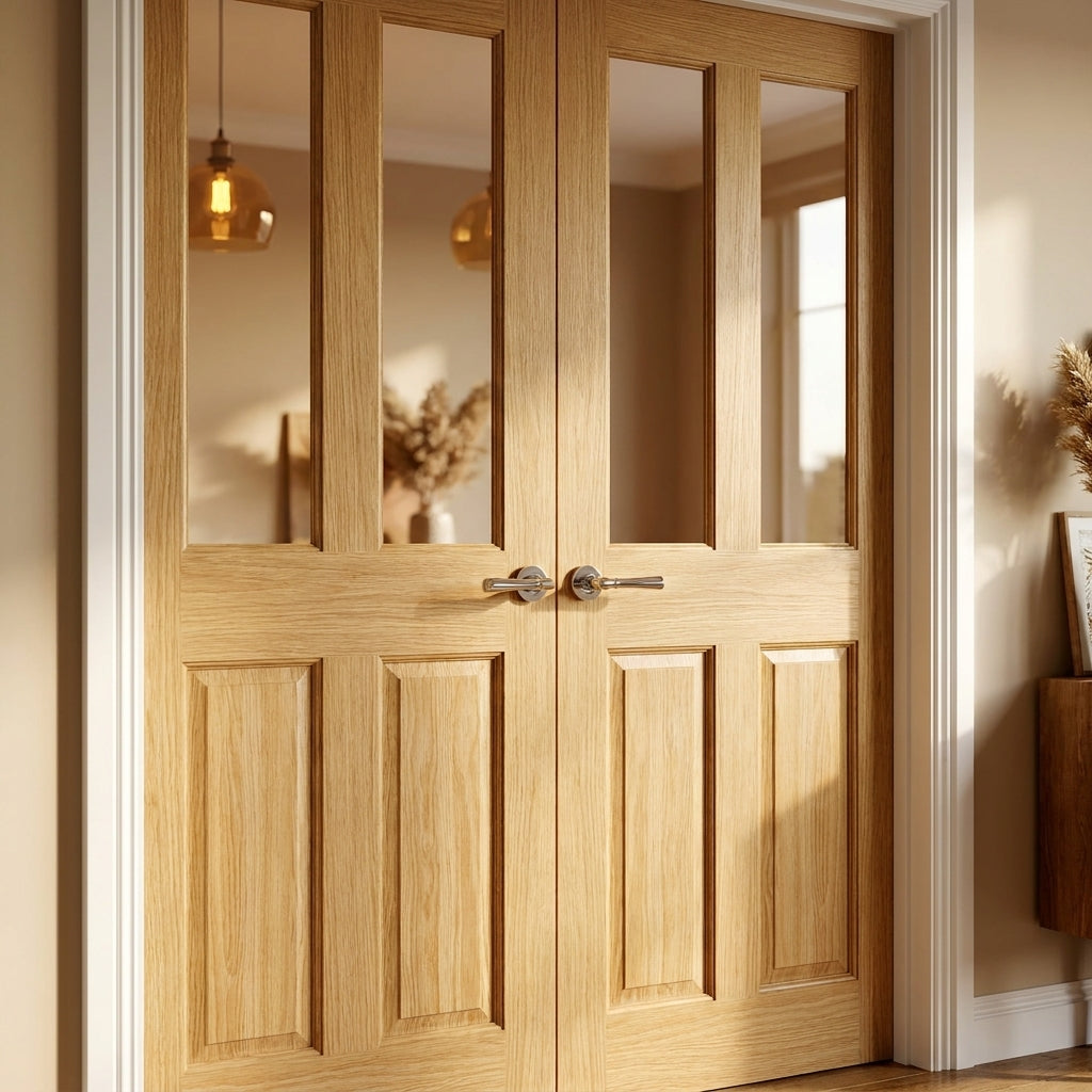 Internal French Door, Clear Glass, 2 Panel, 2 Light, Unfinished Pine - detail view