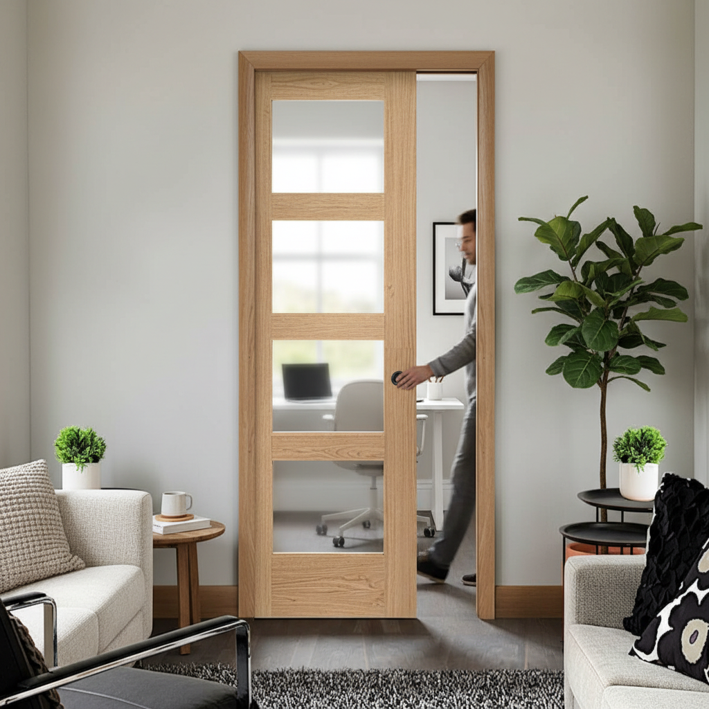 Premium Fire Pocket Door System with Obscure Glazed Door, Galvanized Steel Frame, and Maintenance-Free Track for Seamless Installation