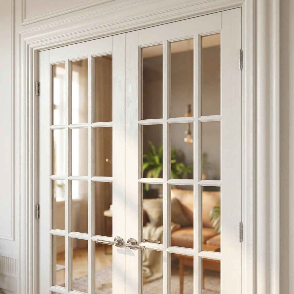 Internal French Door with 15 Light Clear Glass, White Primed, Solid Core - detail view