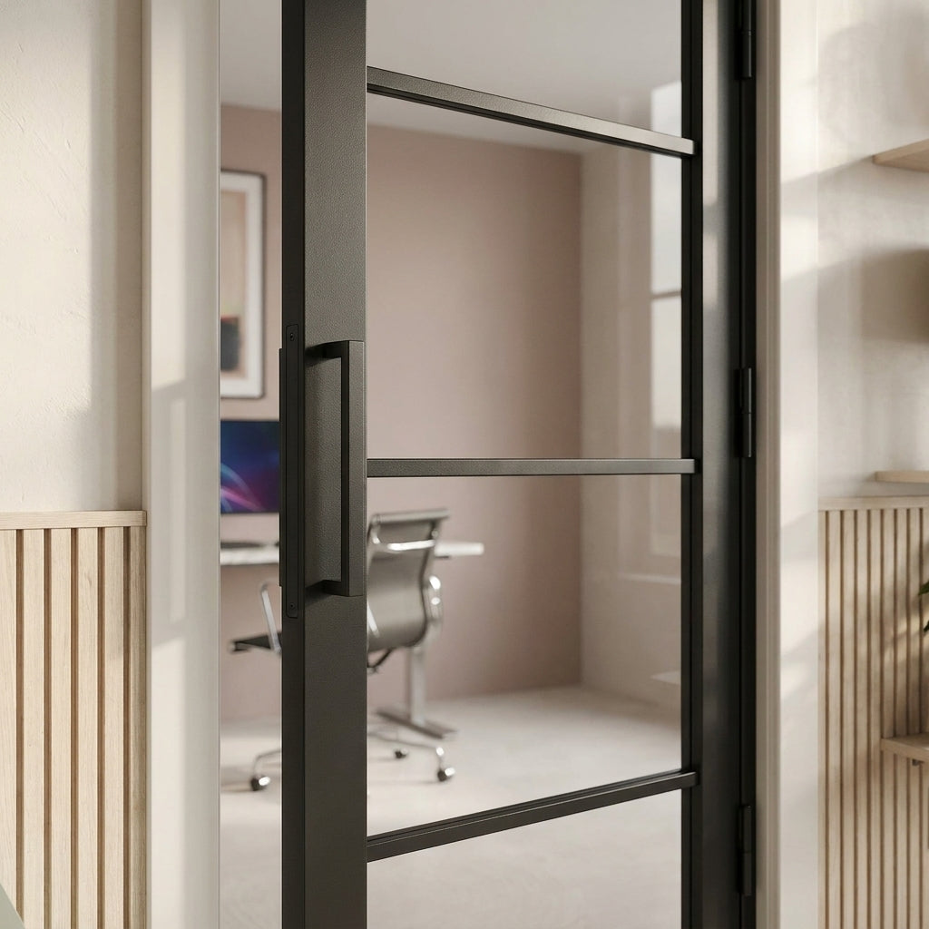 Internal Studio Door with 4 Light Clear Glass Glazing, Fully Finished in Jet Black - detail view