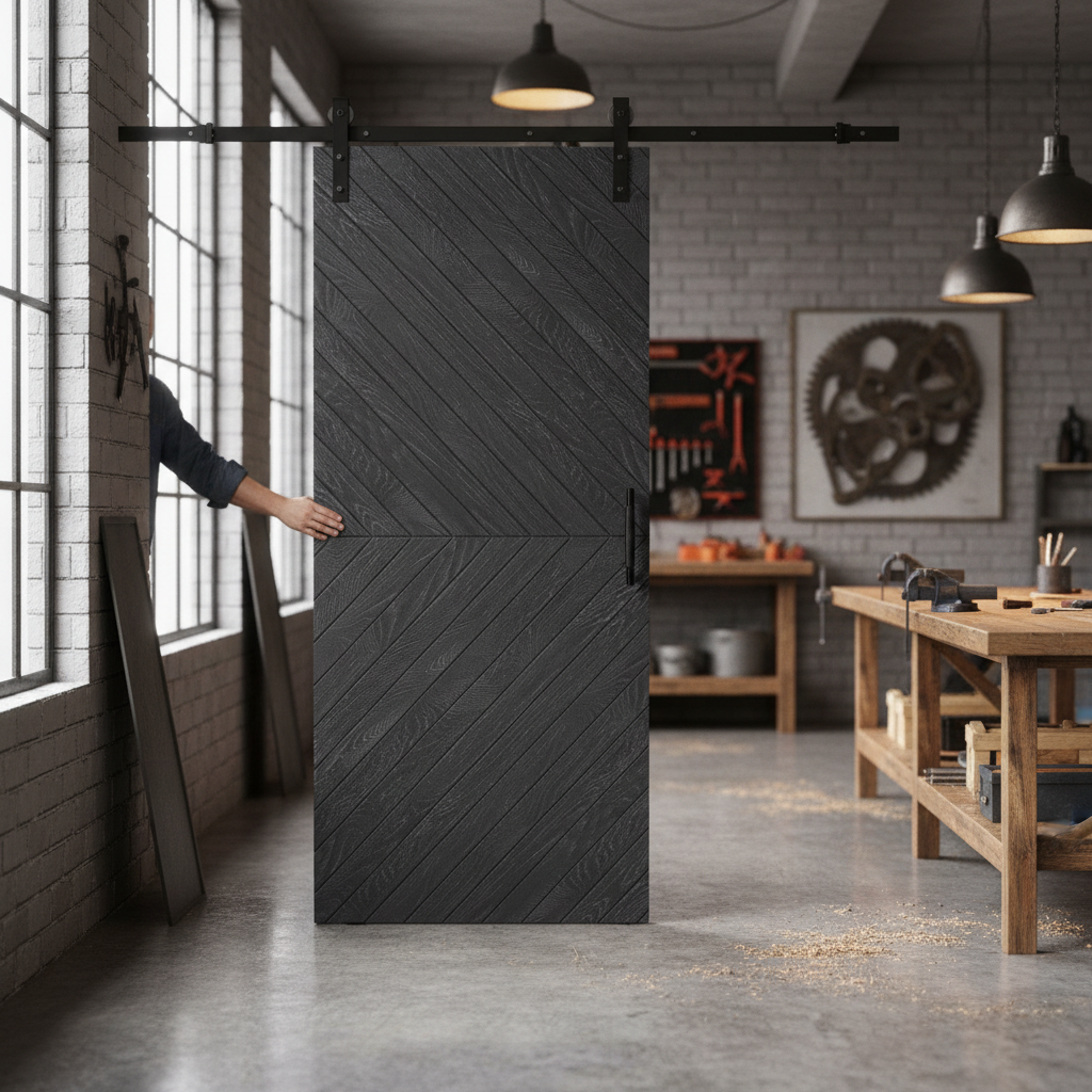 Premium Internal Fully Finished Chevron Barn Door with Ash Grey Finish and Eco-Friendly Construction for Modern Homes