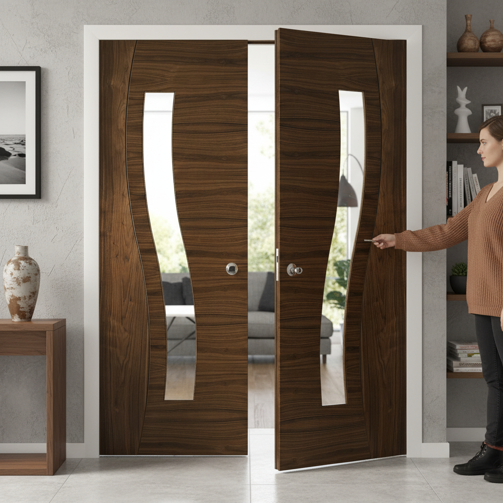Premium Clear Glazed Door Pair with Curved Grooves and Tempered Glass, Handcrafted in Crown Cut American Black Walnut
