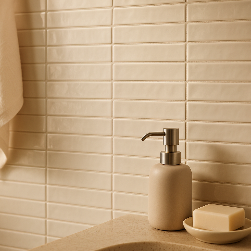 Smooth Linear Ceramic Wall Tile in Pearl Gloss Finish - detail view