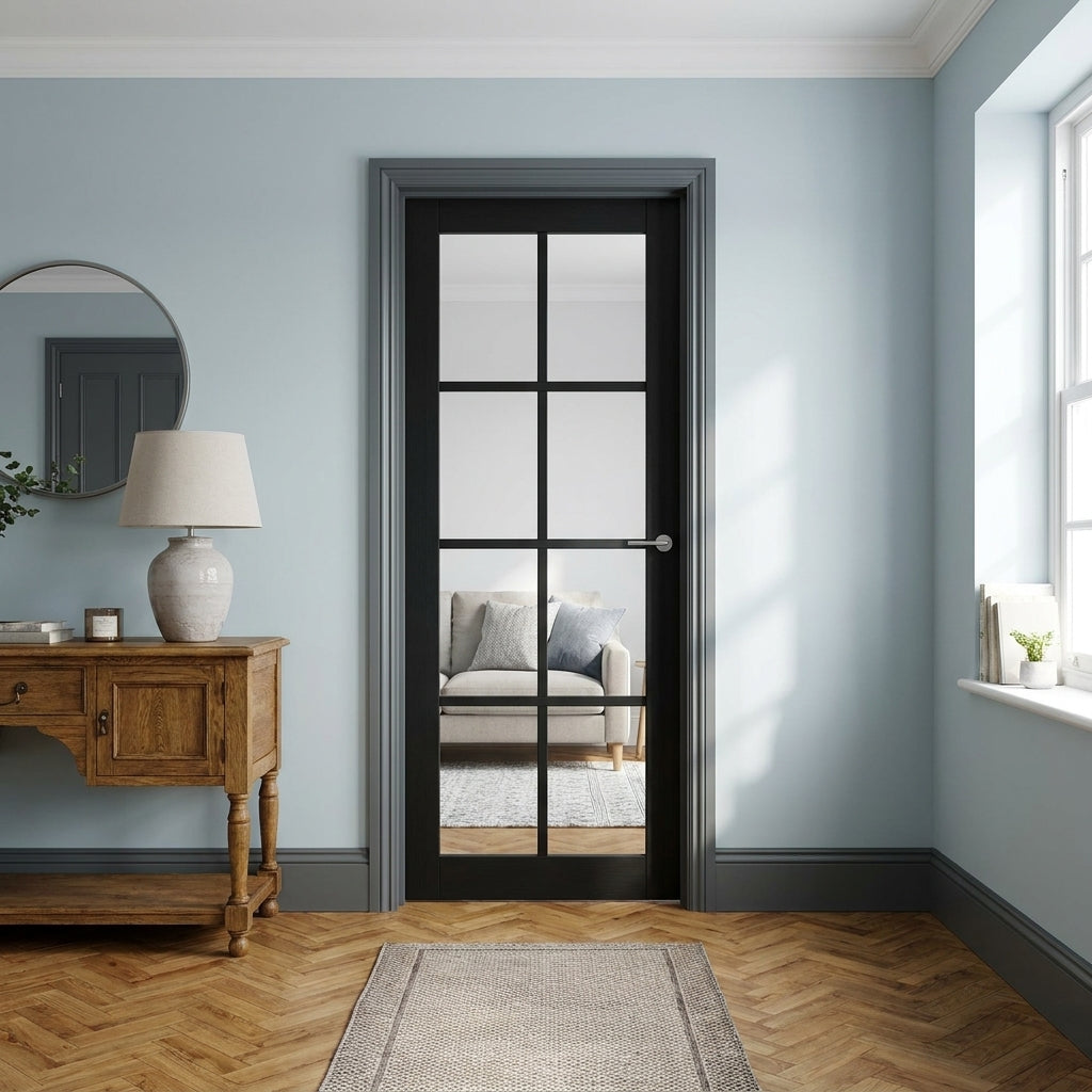 Internal Studio Door Jet Black Fully Finished with 8 Light Clear Glass