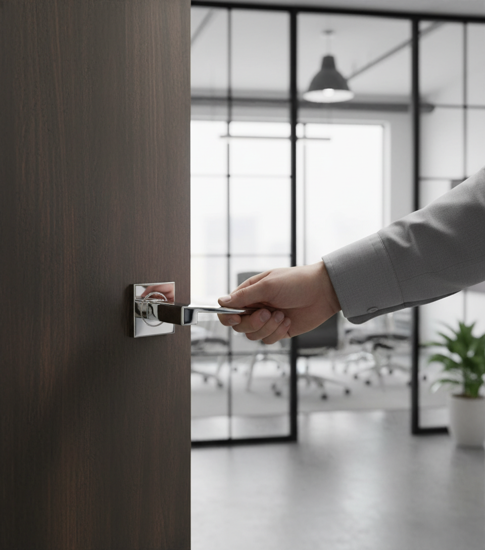 Premium Equi Lever on Square Rose with Matching Square Escutcheons and Bathroom Turn for Enhanced Functionality