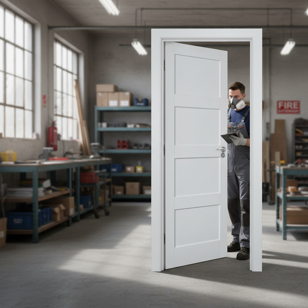 Premium White Primed Internal FD30 Fire Door with Solid Core Construction and Four Recessed Panels for Enhanced Safety
