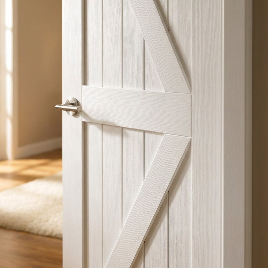 FD30 Fire Door White Internal Primed Barn with Solid Engineered Timber Core - detail view