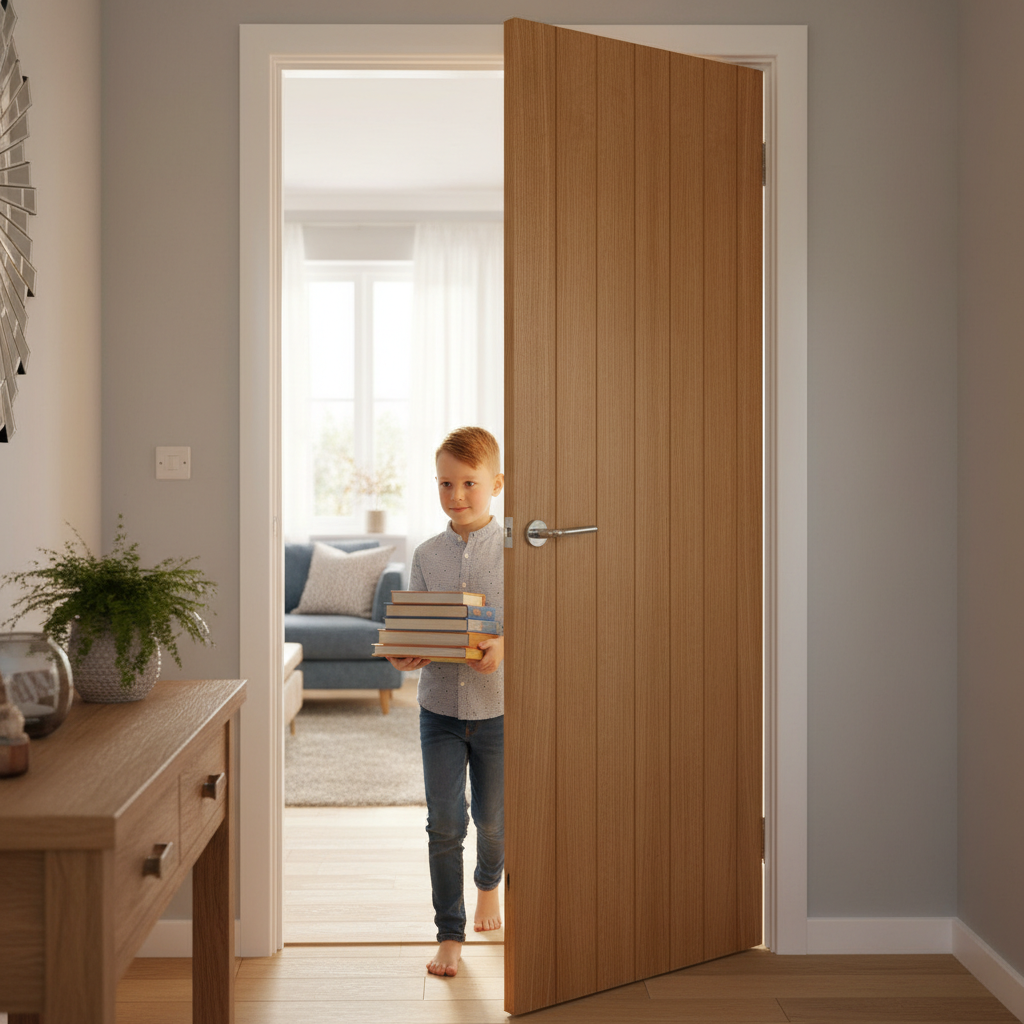 Premium Cottage Style Oak Internal Door with Vertical Grooves, Solid Core Construction and FD30 Fire Door Options