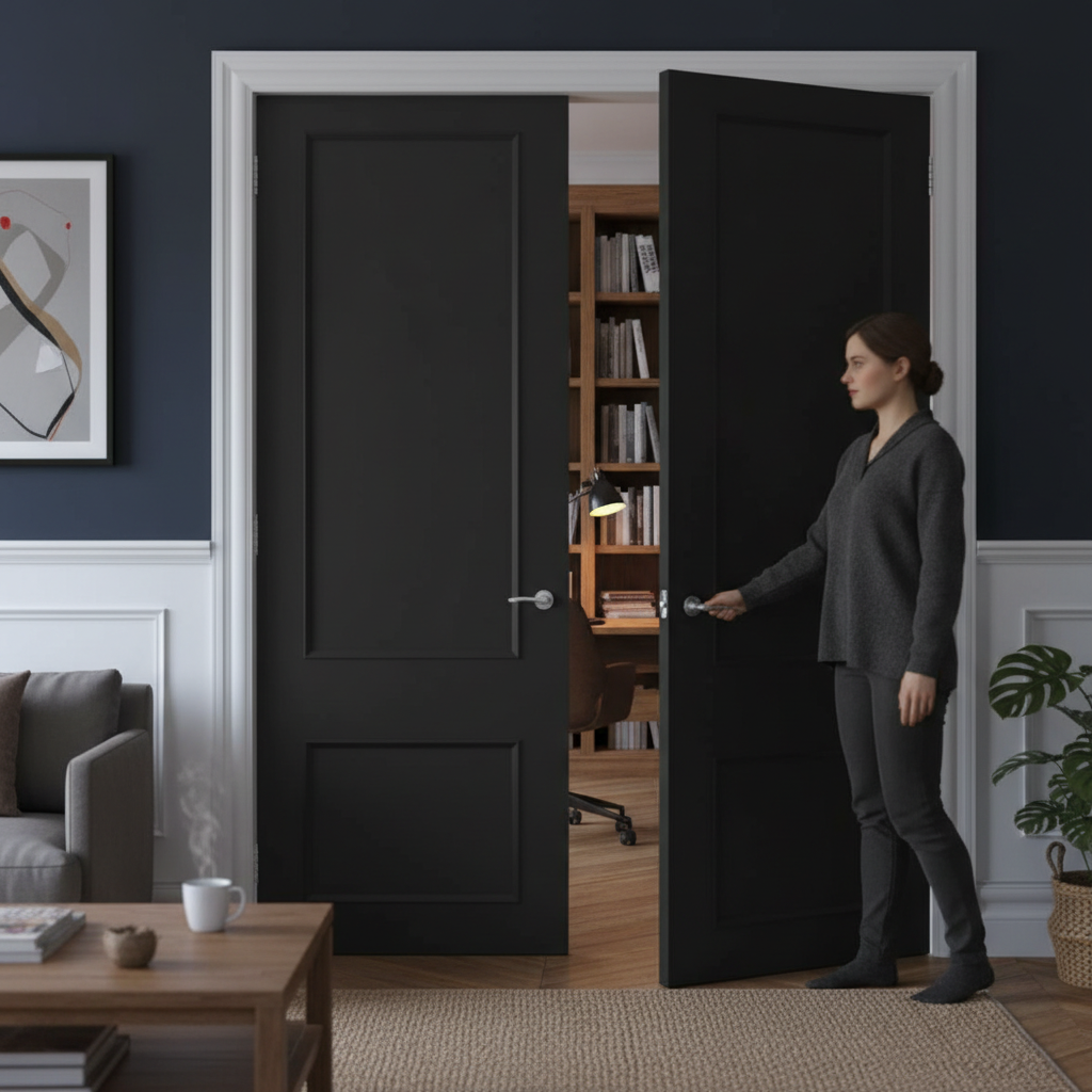 Premium 2 Panel Black Door Pair with Solid High-Density Core and Traditional Mouldings