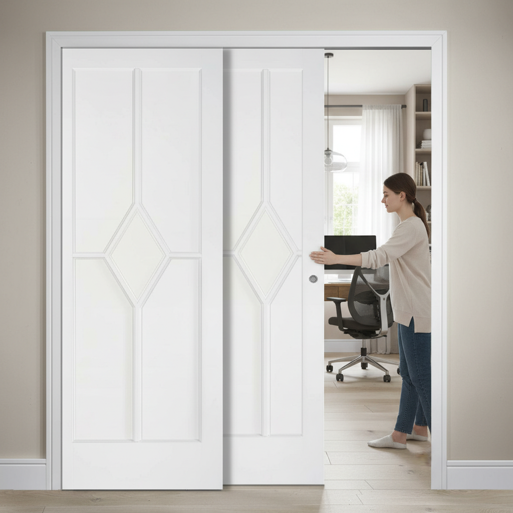 Premium White Telescopic Pocket Door System with Decorative Beading and Comprehensive Timber Lining Kit