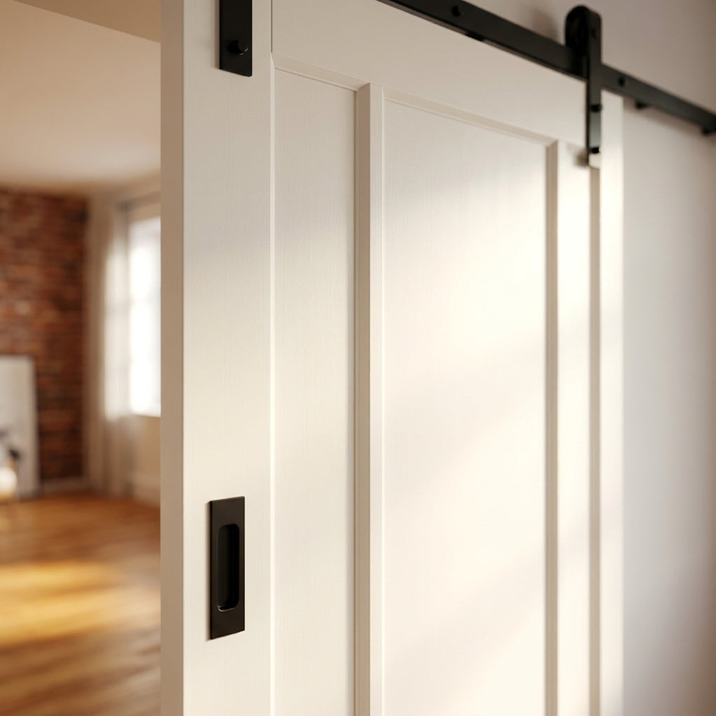 Internal White Primed Sliding Door - Toledo 3 Panel with Black Top Mount - detail view