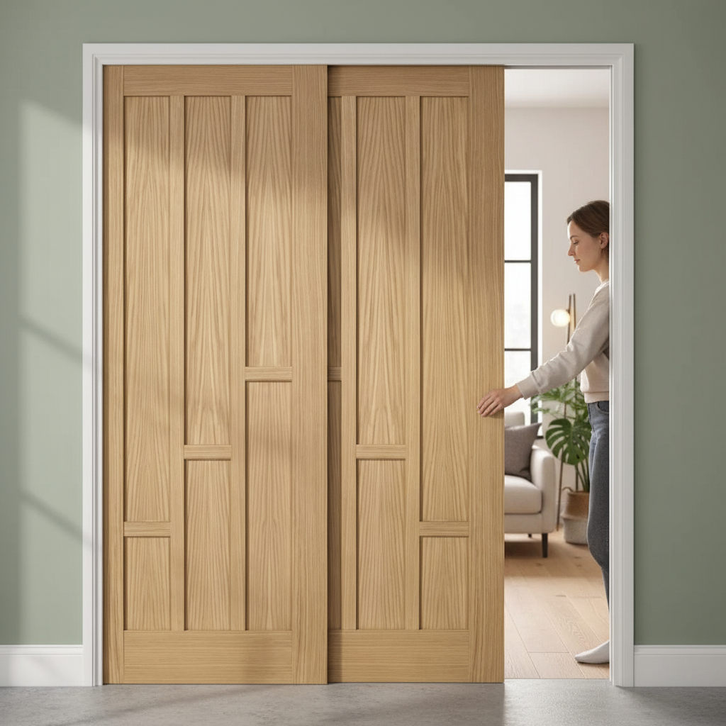 Premium 6 Panel Oak Telescopic Pocket Door System with Maintenance-Free Track, Adjustable Doorstop, and 15-Year Guarantee