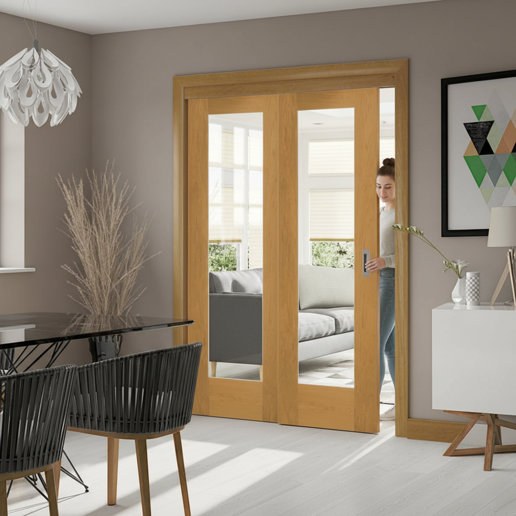 Premium Oak Pattern 10 Sliding Door System with Fixed Panel - Versatile Room Divider with Custom Design Options