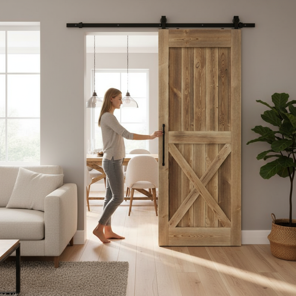 Premium Carbonised Internal Pine 1 Panel X Brace Sliding Barn Door with Black Top Mount for Rustic Interior Décor