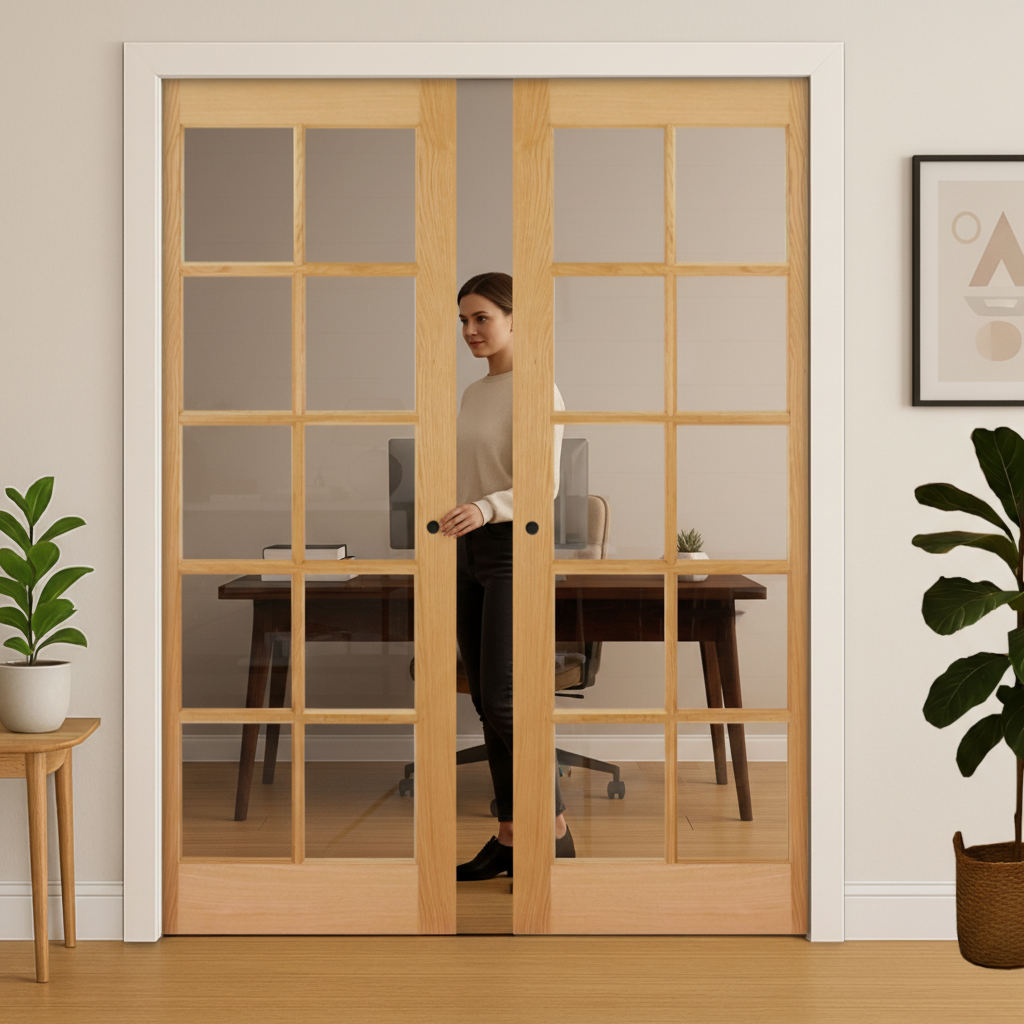 Premium Clear Glazed Double Pocket Door Set with Galvanised Steel Frame and 35mm Thick Door for Elegant Open Spaces