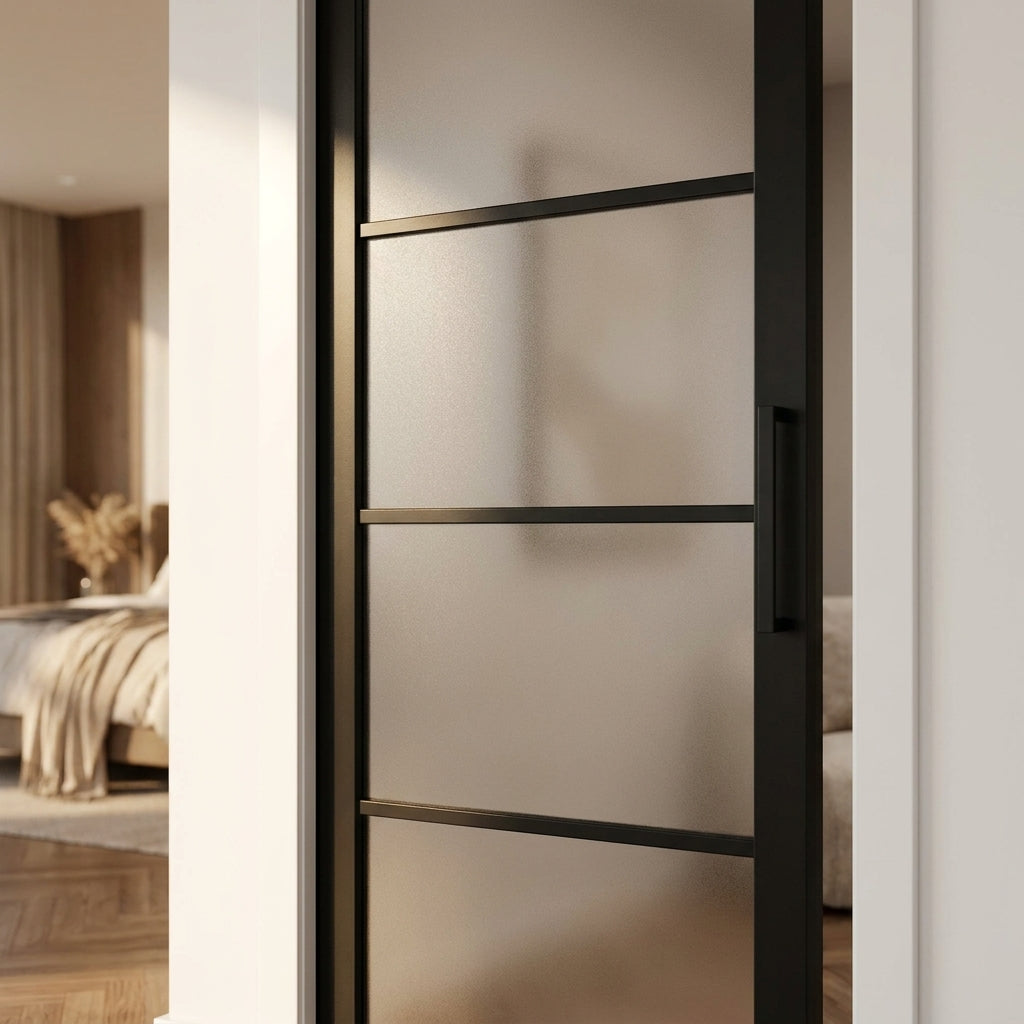 Internal Jet Black Door with Fully Finished 4 Light Obscure Glass Design - detail view