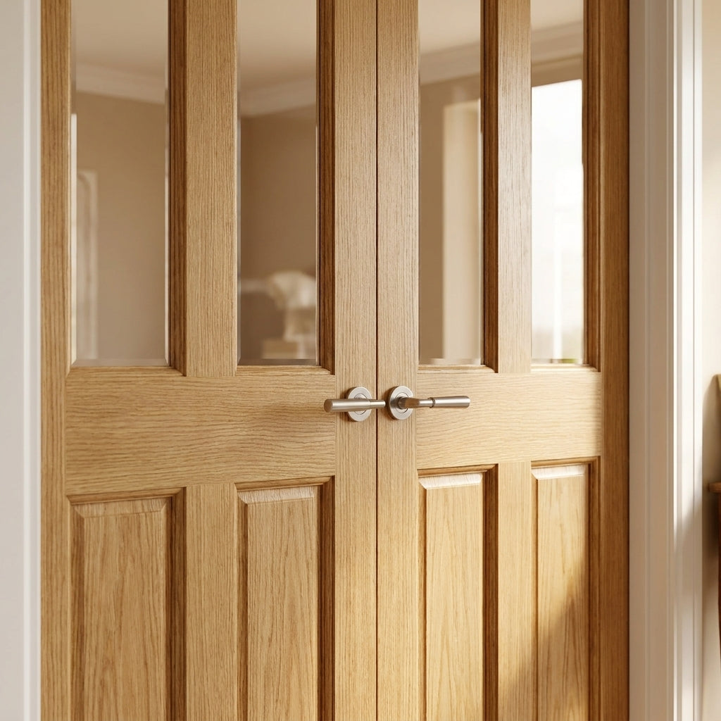 Internal 2 Panel 2 Light Obscure Glass French Door, Unfinished Pine - detail view