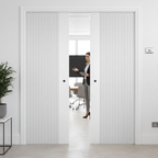 Premium White Double Pocket Door Set with Grooved Design and Adjustable Frame Options for Contemporary Interiors