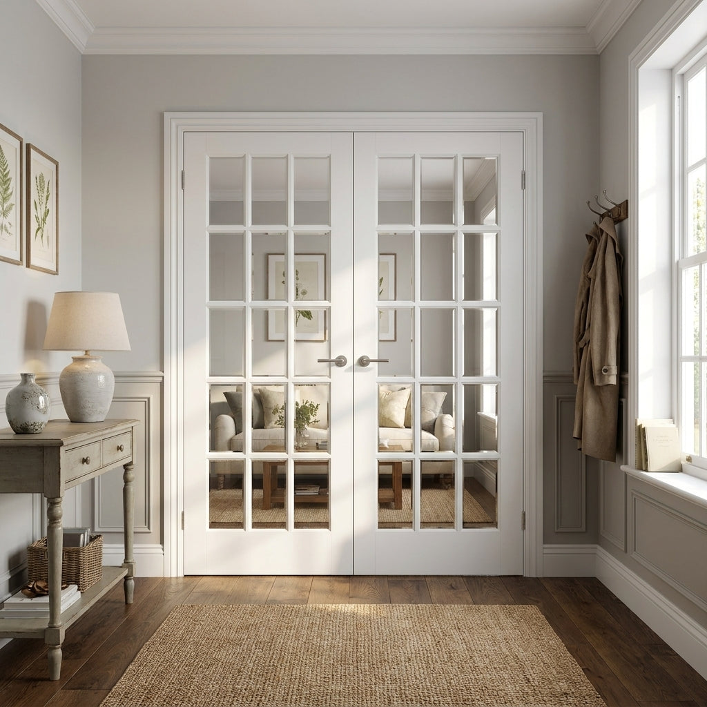 Internal French Door with 15 Light Clear Glass, White Primed, Solid Core