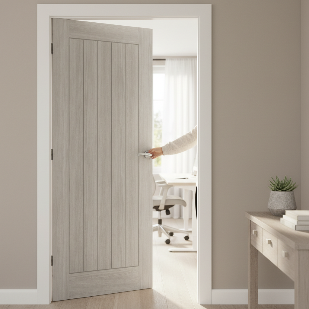 Premium Grey Laminate Internal Door with Etched Glass Panel and Semi-Solid Core Construction