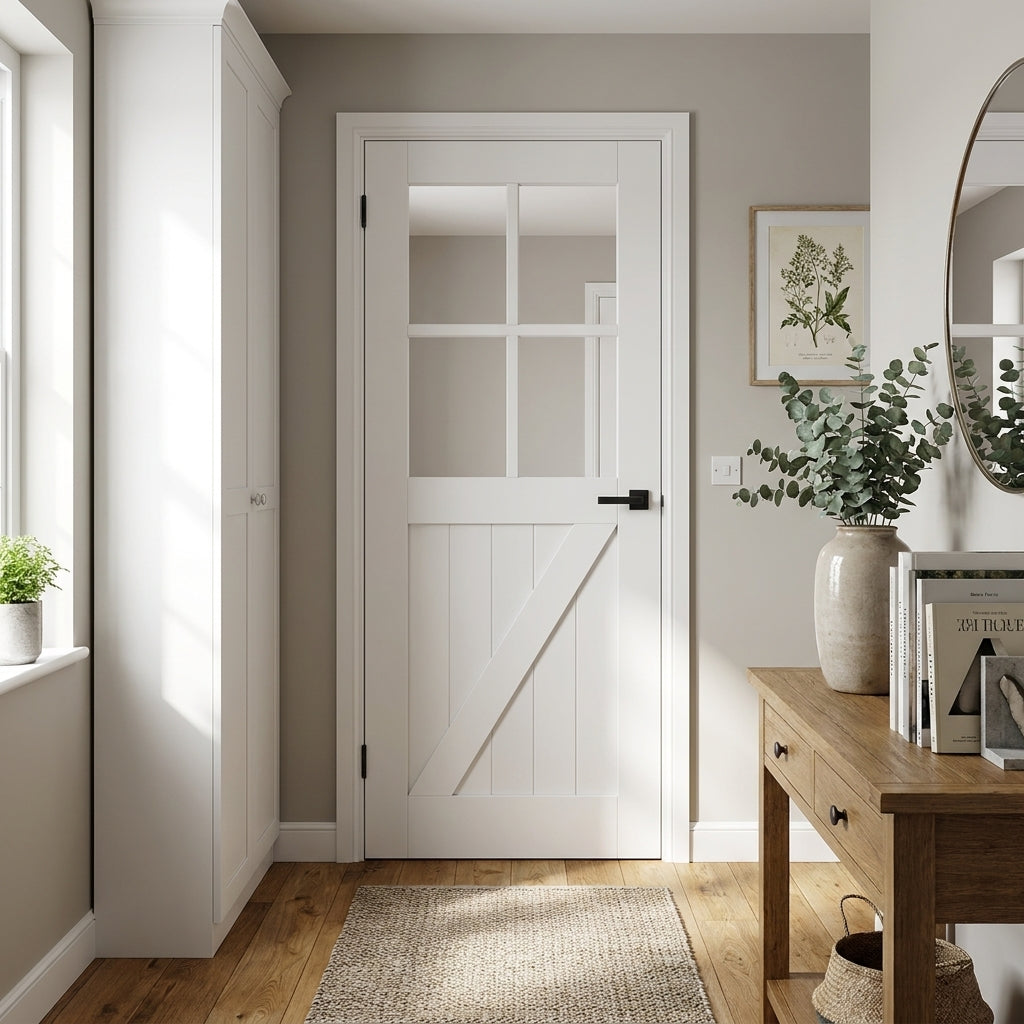 Internal White Primed Barn Door with 4 Light Clear Glass, Made to Measure