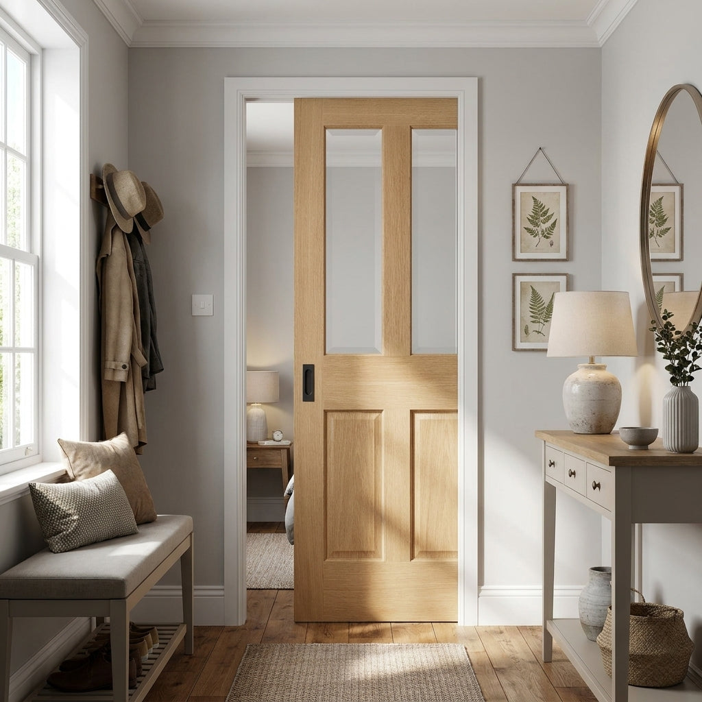 Oak Unfinished Internal 2 Panel 2 Light Bevelled Glazed Pocket Door Set 100mm