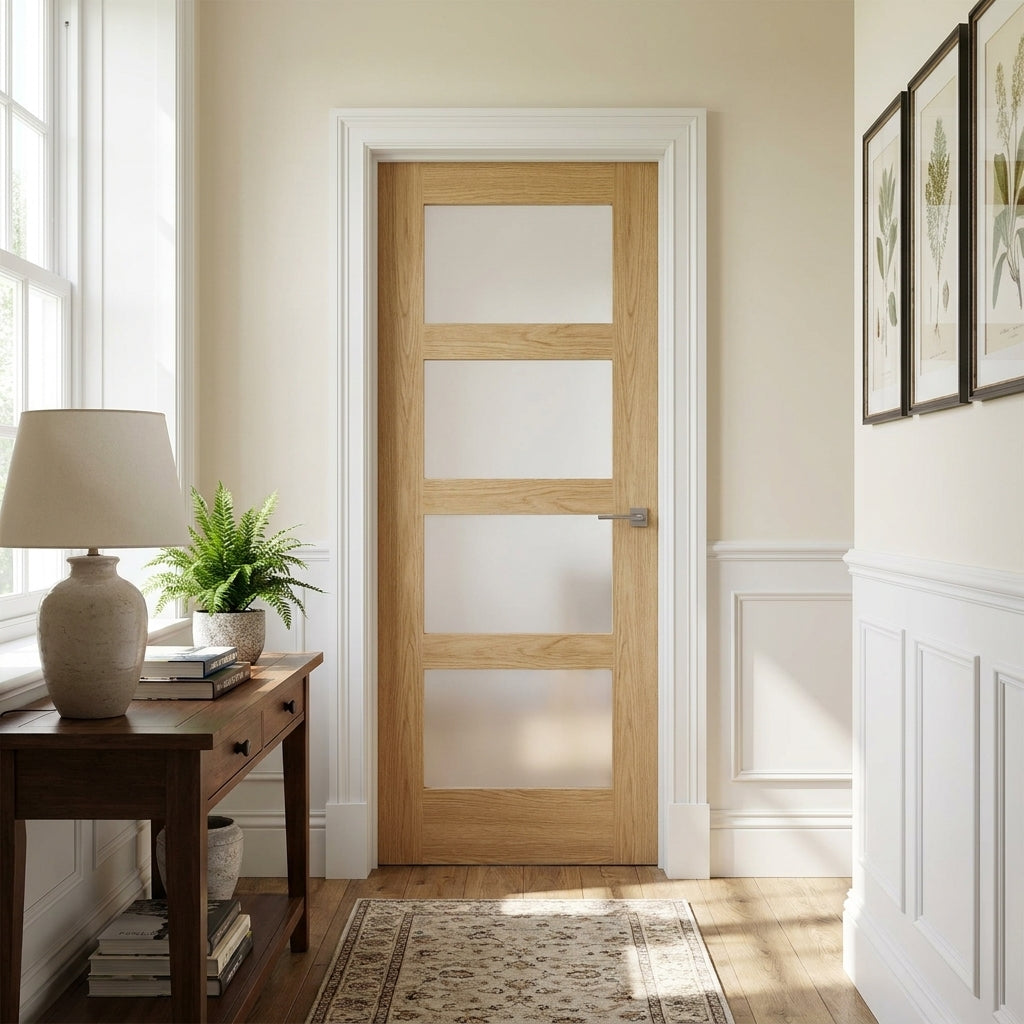 Internal Oak FD30 Fire Door with Unfinished Shaker Design and 4 Light Obscure Glass