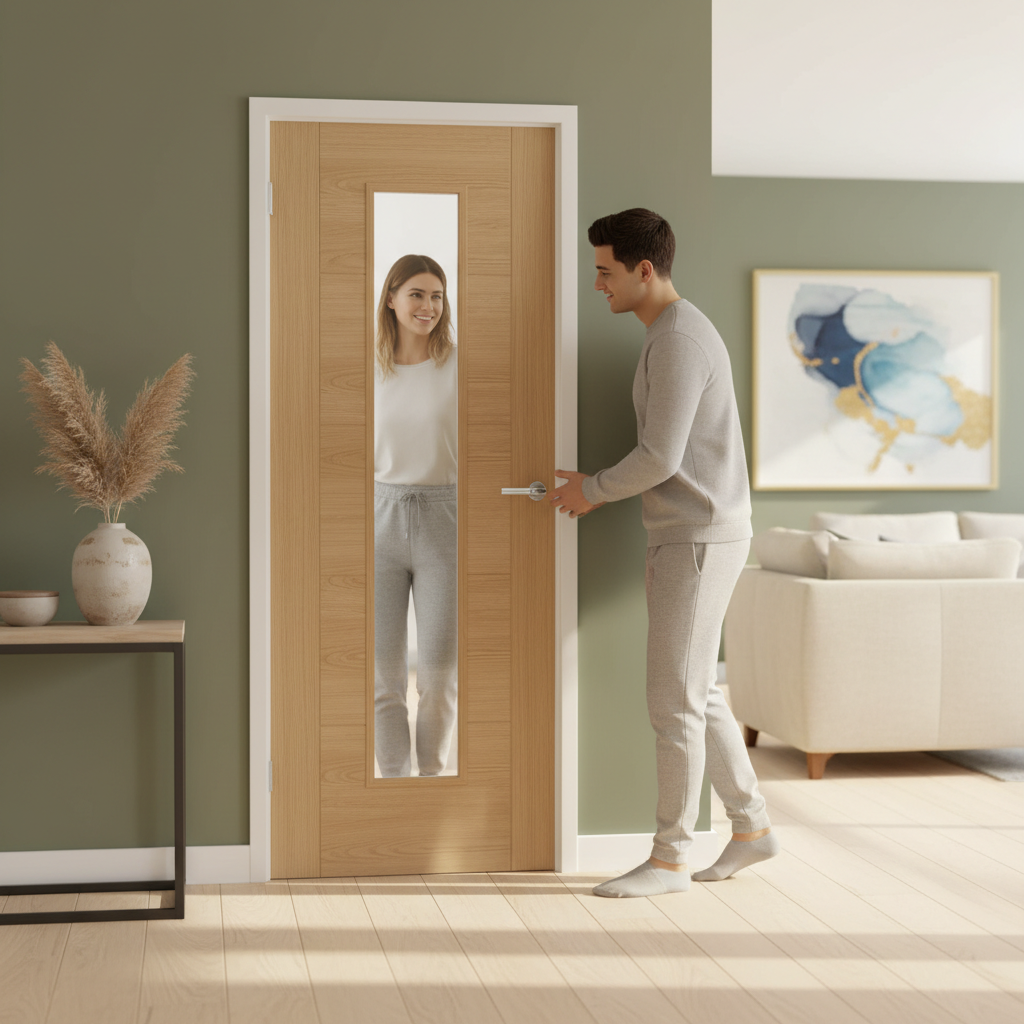 Premium Oak Long Light Internal Door with Clear Tempered Glass and Solid Core Construction