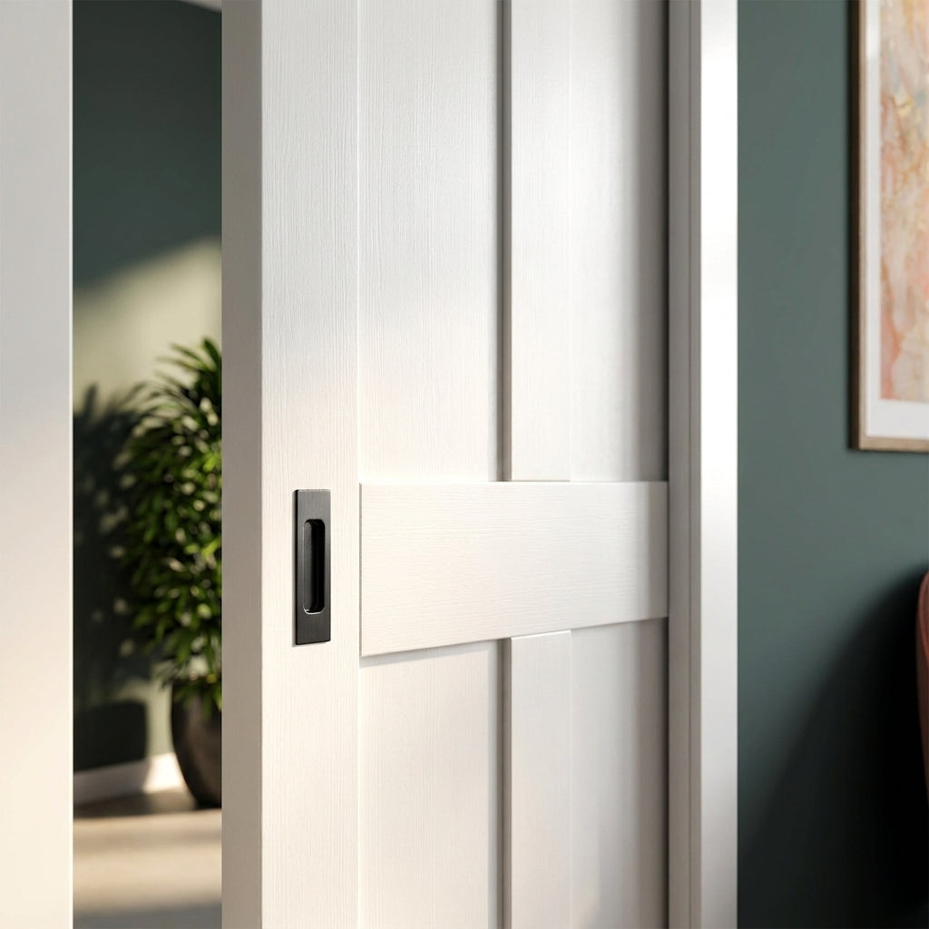 Internal Pocket Door Set, White Primed, Victorian Shaker 4 Panel, 100mm - detail view
