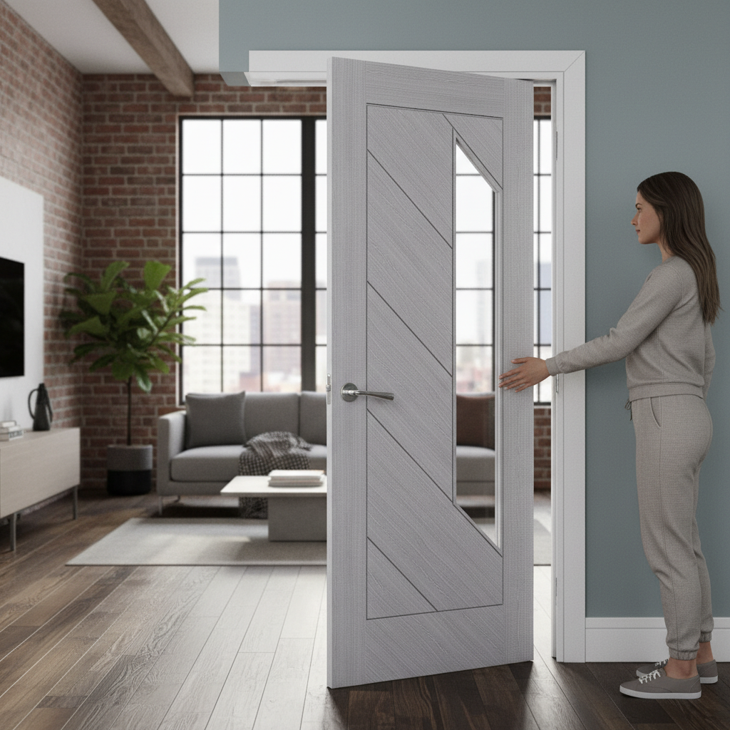 Premium Light Grey Ash Glazed Fire Door with Solid Core, FD30 Rating, and Custom Size Options for Modern Interiors