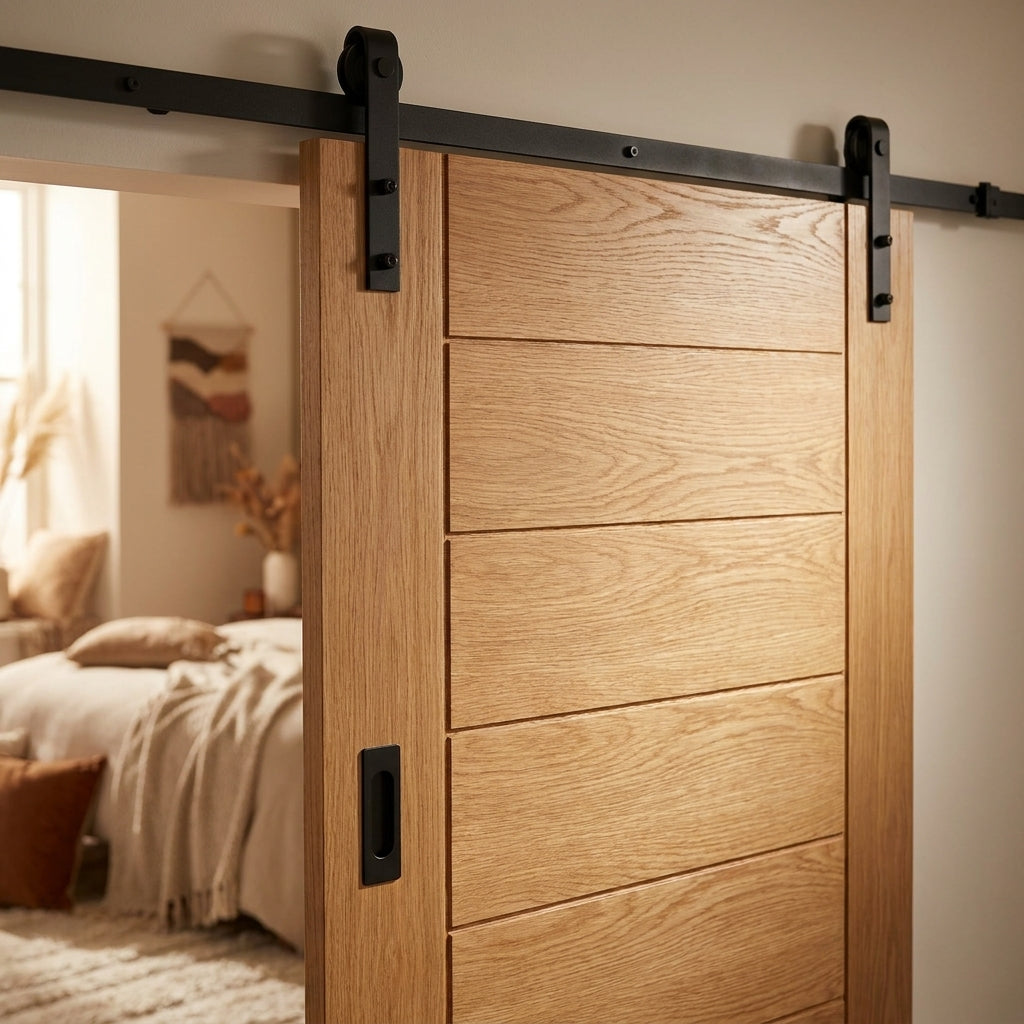 Internal Oak Sliding Door, Fully Finished, Black Top Mounted, Engineered Core - detail view