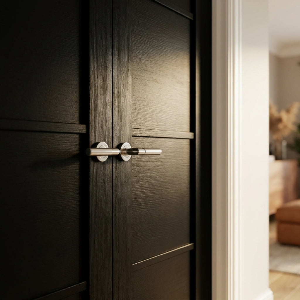 Internal 4 Panel Jet Black Fully Finished Industrial Studio Door Pair - detail view