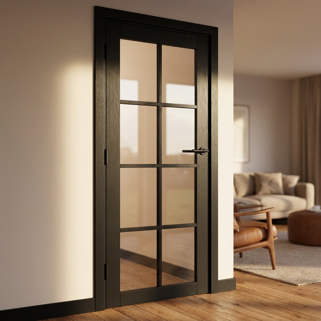 Internal Made-to-Measure Jet Black Door Fully Finished with 8 Light Clear Glass - detail view