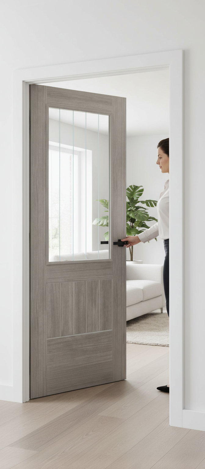 Premium Light Grey Internal Glazed Door with Decorative Frosted Lines for Modern Interiors