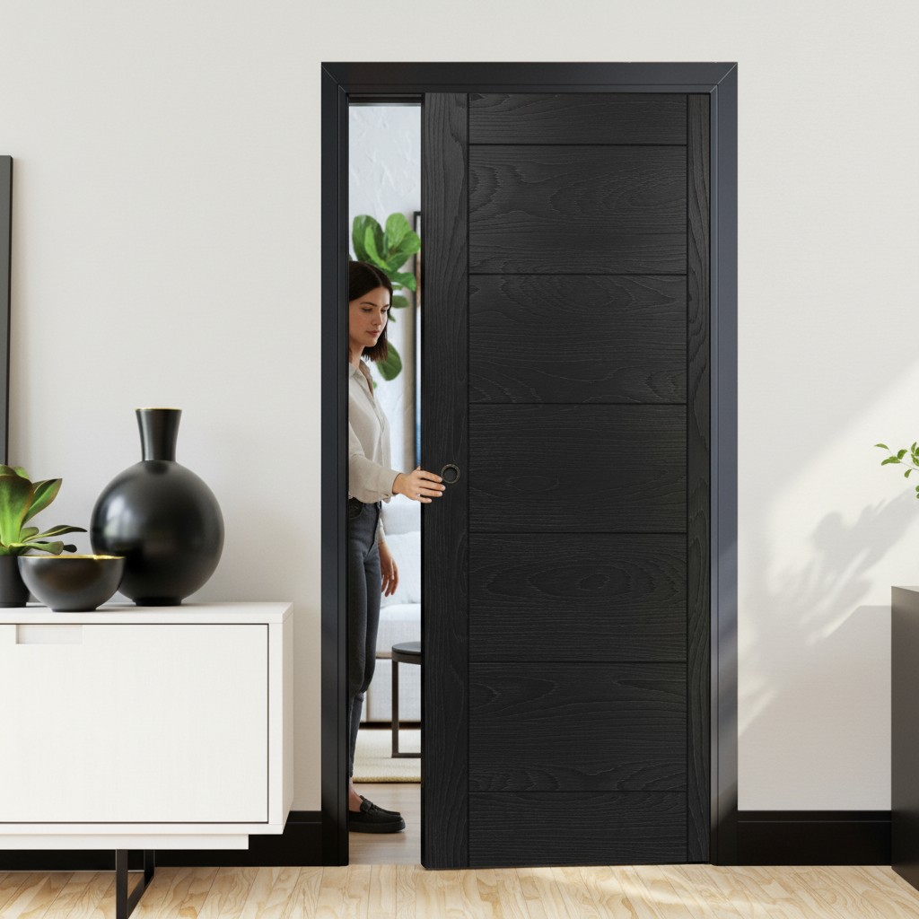 Premium Brushed Black Pocket Door Set with Natural Oak Finish and Adjustable Jambs for Seamless Installation