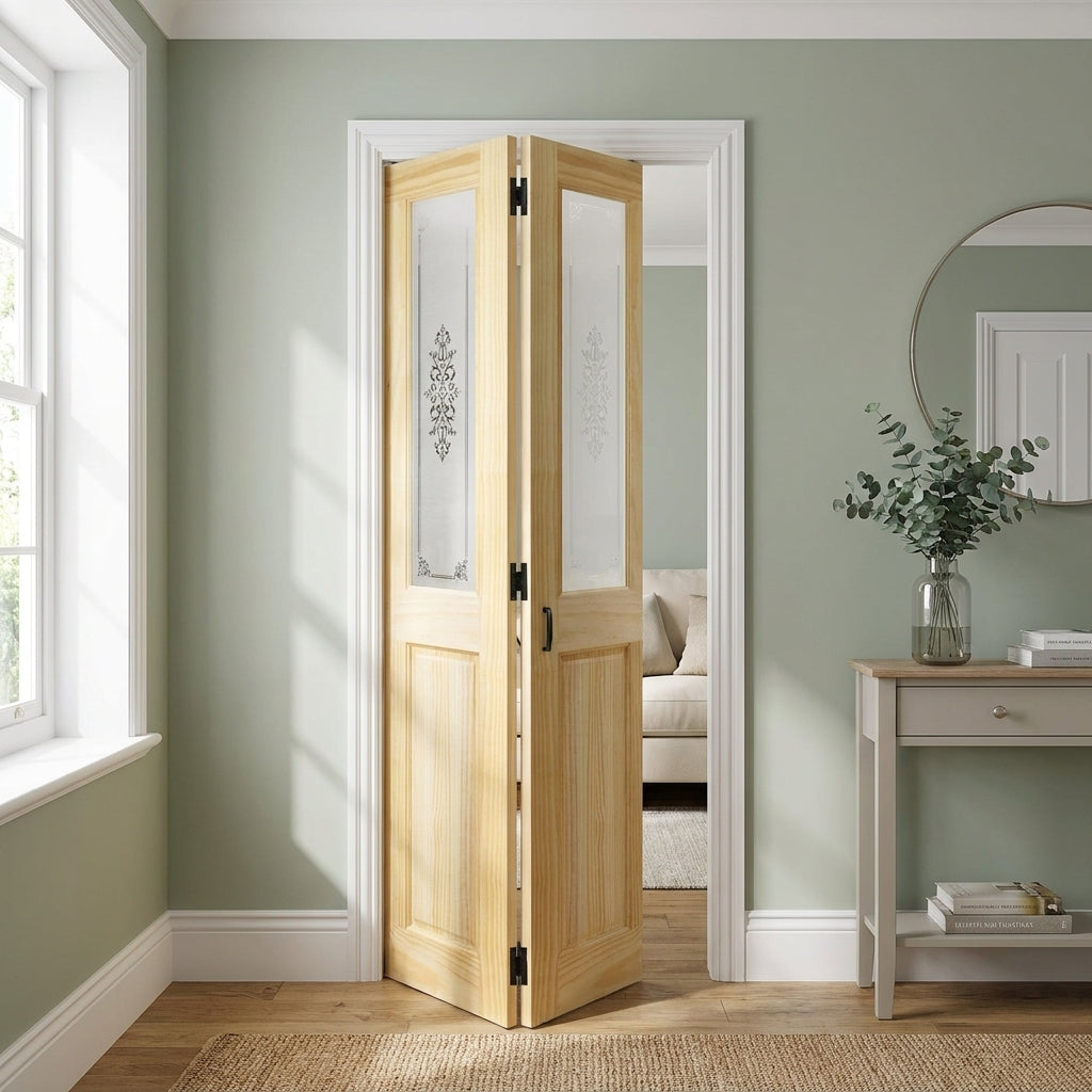 Internal Bi-Fold Door with 2 Light Campion Glass, Unfinished Clear Pine, 4 Panel