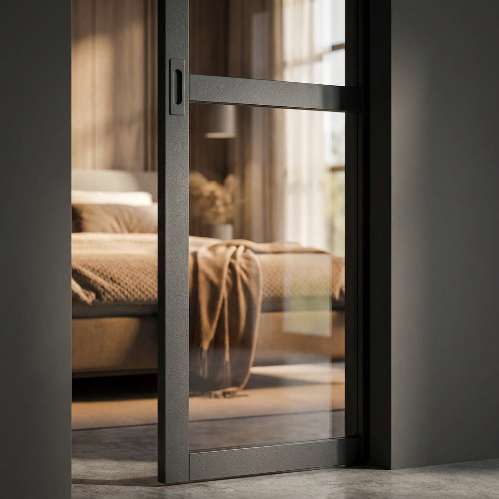 Internal Pocket Door Set 100mm with Clear Glass, Fully Finished Black Industrial Design - detail view