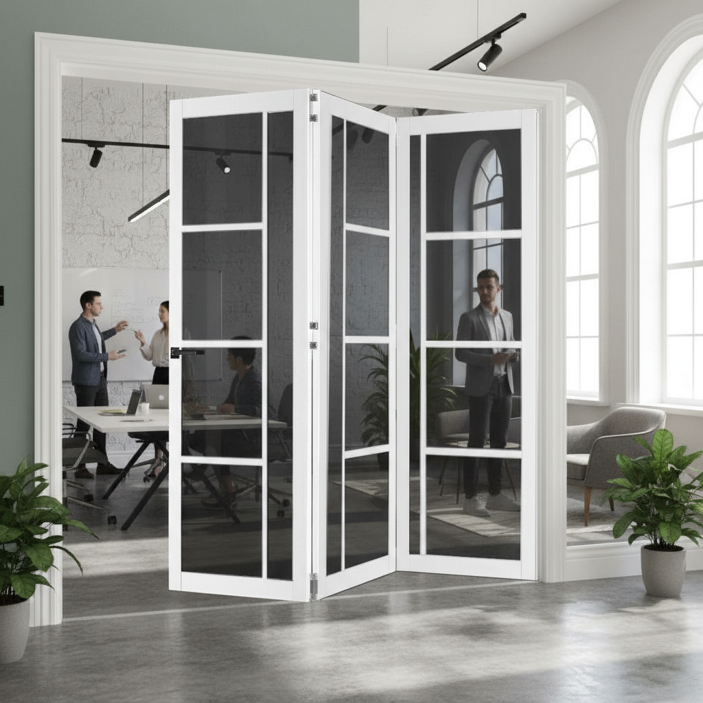 Premium White Tinted Glazed Industrial Style Room Divider with Bi-Folding Doors and High-Quality Track System