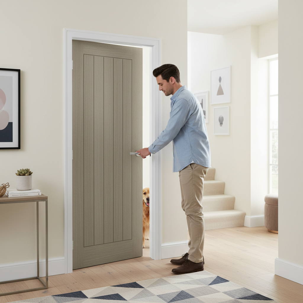 Premium Light Grey Internal Door with 5 Panels and Clear Glazed Safety Glass - Engineered for Strength and Stability